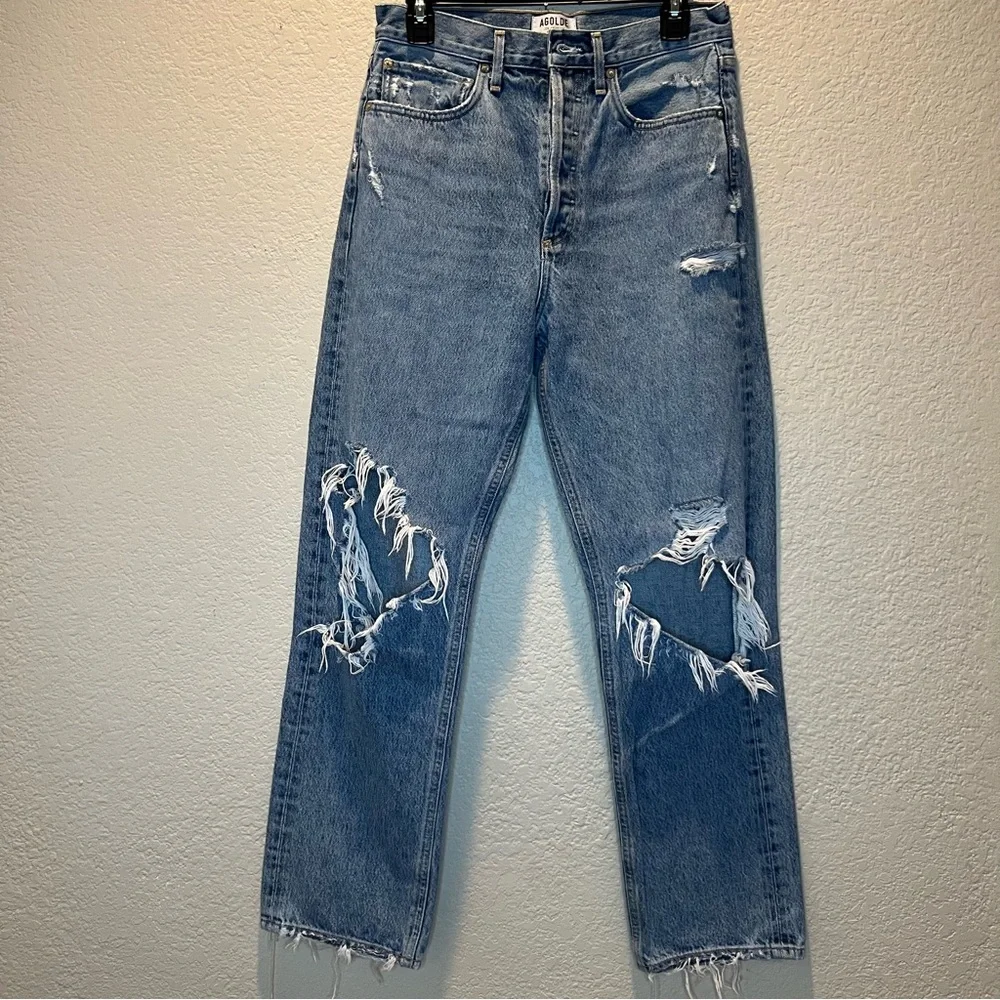 AGOLDE 90s Distressed Straight-Leg Blue Jeans High Rise Loose Fit Size 26 - Picture 9 of 16